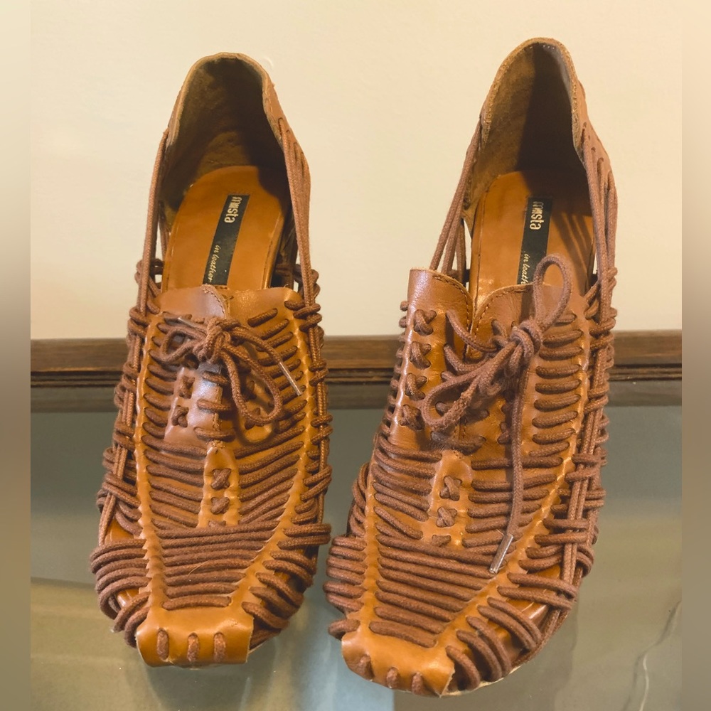 Miista Nia Free People Leather and Macrame Tan Brown Bohemian Heels
